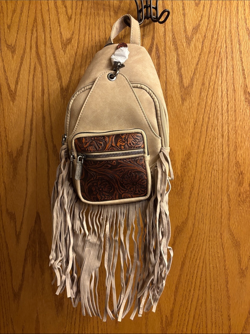 Montana West Beige Fringe Suede Crossbody Backpack with Tooled Leather Pocket